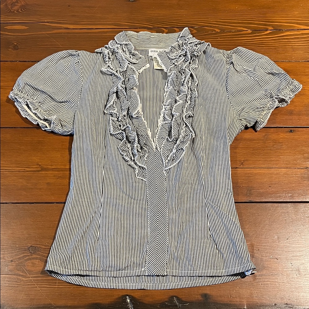 Vintage Guess Jeans - White Blue Stripe Ruffle Blouse - Size XS